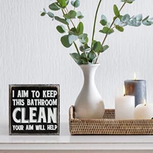 Pigort I Aim to Keep This Bathroom Clean Home Décor Sign Funny Bathroom Farmhouse Accessories Rustic Wood Bathroom Decorations Shelf Toilet Decor Wooden Box Signs for Home 4" x 4" x 1.75"