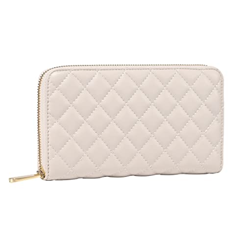 Premium Real Full Grain Leather Classic Long Zipped Wallet with Multiple Card Slots | Phone Clutch | Large Capacity Card Holder Organizer for Men Women (Beige Quilted) (JK-ZW19)