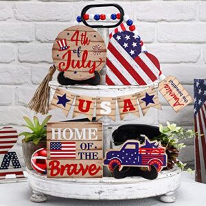 14 pcs patriotic tiered tray decor bundle 4th of july wood signs mini signs red white blue decorations veterans day american star decor for independence day home table decor labor day (retro)