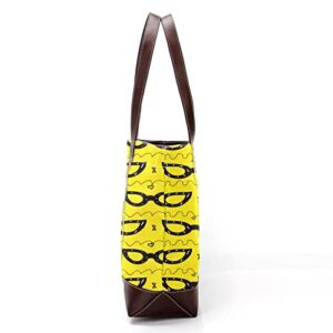 Leather Canvas Tote Shoulder Bag Yellow Cat Eye Glasses Pattern