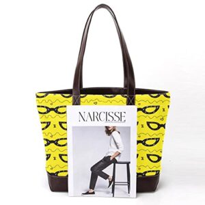 Leather Canvas Tote Shoulder Bag Yellow Cat Eye Glasses Pattern