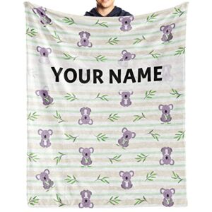 personalized cute koala blanket with text name for bed couch, soft flannel fleece throw blanket for girls, women, men, kids, koala lovers gifts lightweight, comfortable, warm (30″x40″)