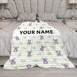 Personalized Cute Koala Blanket with Text Name for Bed Couch, Soft Flannel Fleece Throw Blanket for Girls, Women, Men, Kids, Koala Lovers Gifts Lightweight, Comfortable, Warm (30"x40")