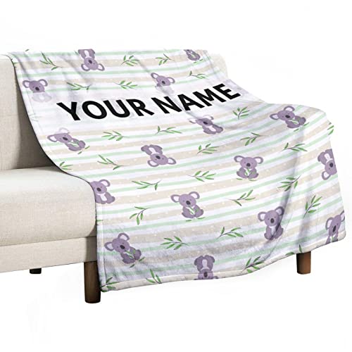 Personalized Cute Koala Blanket with Text Name for Bed Couch, Soft Flannel Fleece Throw Blanket for Girls, Women, Men, Kids, Koala Lovers Gifts Lightweight, Comfortable, Warm (30"x40")