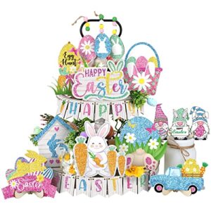 easter tiered tray decor happy easter tiered tray ornament rustic farmhouse spring decor bunny truck gnome egg easter decor spring wooden sign for home table decor (glitter colorful)