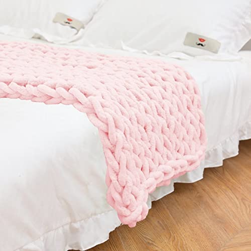 VBGYA Chunky Knit Blanket Throw, Chenille Throw 31"x31" Hand-Knitted Warm Cozy Blanket Thick Throw Blanket, Soft Boho Casual Throw Blanket Sofa Bed Rug Home Decor Gift - Light Pink