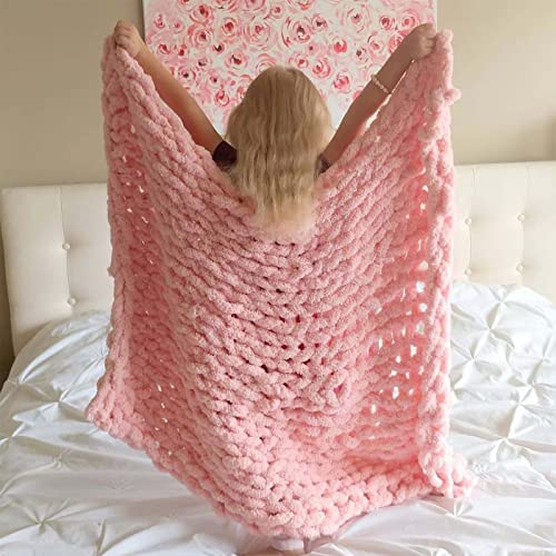 VBGYA Chunky Knit Blanket Throw, Chenille Throw 31"x31" Hand-Knitted Warm Cozy Blanket Thick Throw Blanket, Soft Boho Casual Throw Blanket Sofa Bed Rug Home Decor Gift - Light Pink