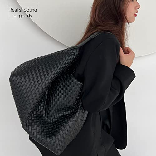 Woven Leather Tote Bag For Women Crossbody Shoulder Bag (Black)