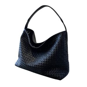 woven leather tote bag for women crossbody shoulder bag (black)