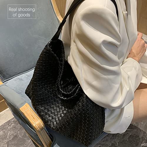 Woven Leather Tote Bag For Women Crossbody Shoulder Bag (Black)