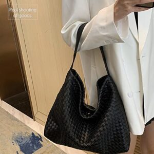 Woven Leather Tote Bag For Women Crossbody Shoulder Bag (Black)