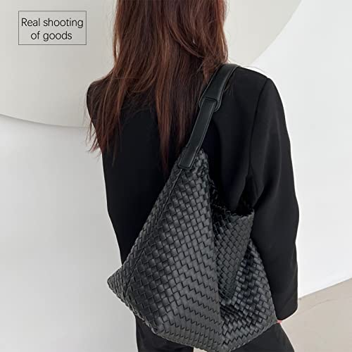 Woven Leather Tote Bag For Women Crossbody Shoulder Bag (Black)