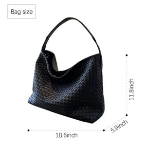 Woven Leather Tote Bag For Women Crossbody Shoulder Bag (Black)