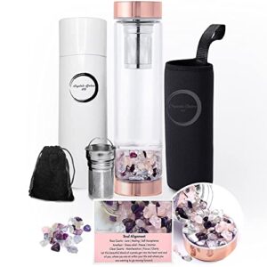 crystals galore 4u soul alignment crystal water bottle with tea infuser, sleeve, crystal meaning card, loose gem stones, great healing gifts for women