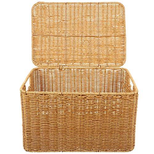 Happyyami Woven Storage Bin with Lid Poly-wicker Storage Basket Rectangular Household Basket Box Organizer for Shelf Wardrobe Home Organizing