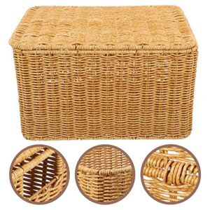 Happyyami Woven Storage Bin with Lid Poly-wicker Storage Basket Rectangular Household Basket Box Organizer for Shelf Wardrobe Home Organizing