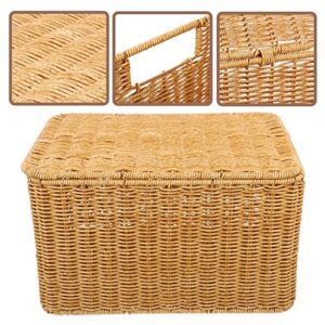 Happyyami Woven Storage Bin with Lid Poly-wicker Storage Basket Rectangular Household Basket Box Organizer for Shelf Wardrobe Home Organizing