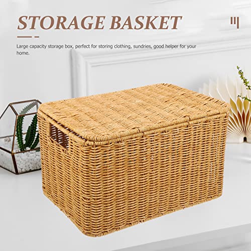 Happyyami Woven Storage Bin with Lid Poly-wicker Storage Basket Rectangular Household Basket Box Organizer for Shelf Wardrobe Home Organizing