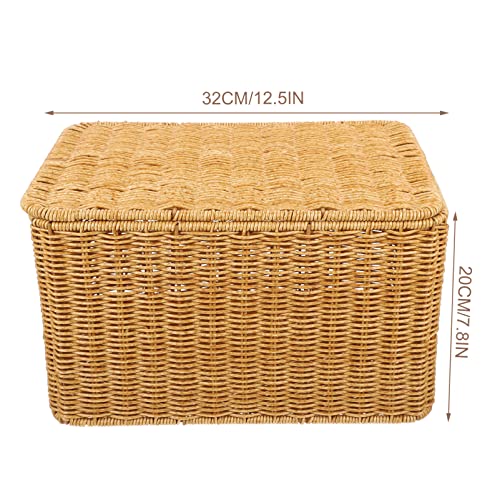 Happyyami Woven Storage Bin with Lid Poly-wicker Storage Basket Rectangular Household Basket Box Organizer for Shelf Wardrobe Home Organizing