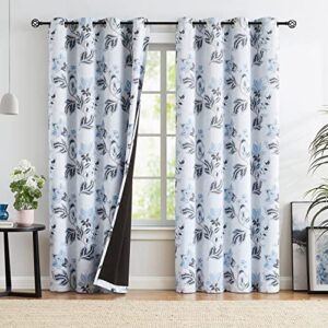 blue white blackout curtains for bedroom living room 84inch long floral vine leaf curtain panels triple weave thermal insulated curtain drapes 50″ w 2 panels