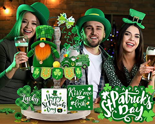 21 PCS St. Patrick's Day Decorations for Home St. Patrick's Day Tiered Tray Decor Set - Shamrock Decor Lucky Wood Sign Irish Kiss St. Patrick's Day Decor for Saint Patrick's Day Home Table Shelf