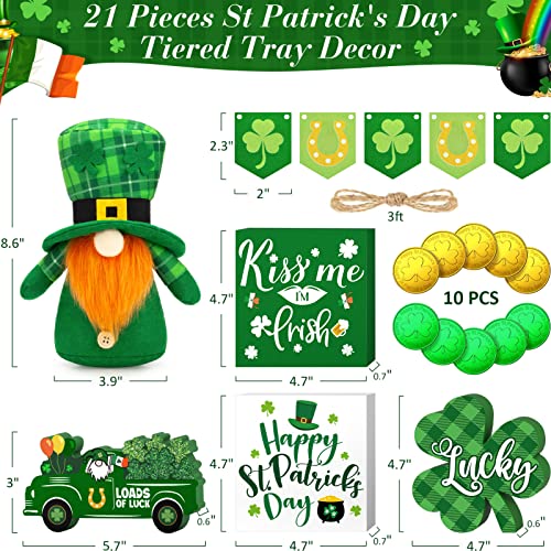 21 PCS St. Patrick's Day Decorations for Home St. Patrick's Day Tiered Tray Decor Set - Shamrock Decor Lucky Wood Sign Irish Kiss St. Patrick's Day Decor for Saint Patrick's Day Home Table Shelf