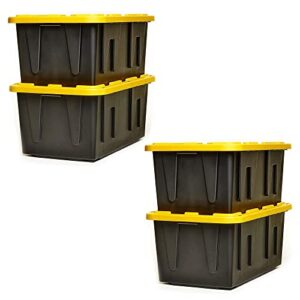 homz durabilt 27 gallon capacity flip lid stackable heavy duty tough storage container tote, black base with yellow lid (2 pack)