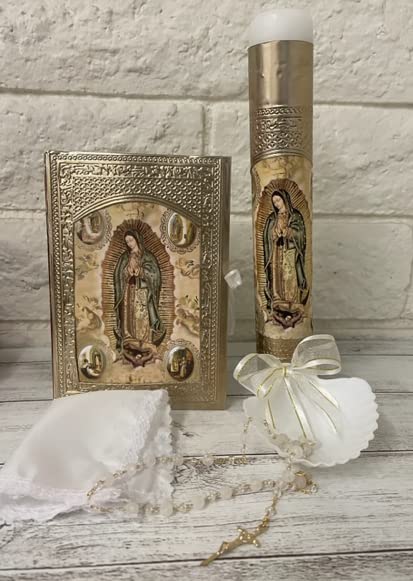 5 Piece Beautiful Handmade Gold Guadalupe Foil Baptism Christening Shells Candle Set Favors Girl Boy Set de Bautizo Espanol Nina Nino Baptism Communion Gift Box