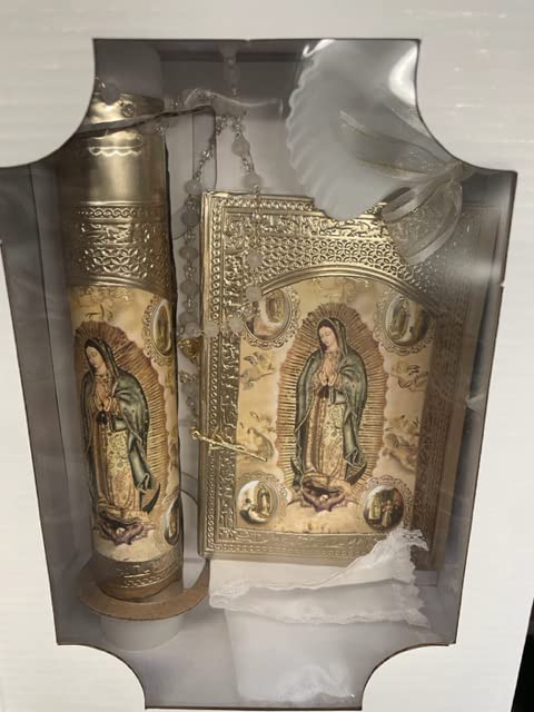 5 Piece Beautiful Handmade Gold Guadalupe Foil Baptism Christening Shells Candle Set Favors Girl Boy Set de Bautizo Espanol Nina Nino Baptism Communion Gift Box