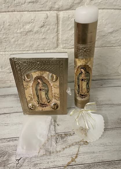 5 Piece Beautiful Handmade Gold Guadalupe Foil Baptism Christening Shells Candle Set Favors Girl Boy Set de Bautizo Espanol Nina Nino Baptism Communion Gift Box