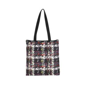 lesportsac running weave easy magazine tote bag, style 3531/color e474, festive & colorful confetti style abstract printed weave pattern, modern & fun interpretative plaid design