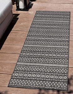well woven indoor/outdoor runner rug 2’7″ x 9’10” arwen black & grey moroccan tribal striped