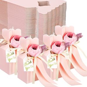 taobary 50 pcs bridal shower party favor boxes diy wedding favors candy boxes with ribbon and flower flower party favor boxes for engagement, bridal shower party, wedding decorations (pink)