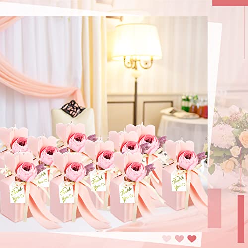 TaoBary 50 Pcs Bridal Shower Party Favor Boxes DIY Wedding Favors Candy Boxes with Ribbon and Flower Flower Party Favor Boxes for Engagement, Bridal Shower Party, Wedding Decorations (Pink)