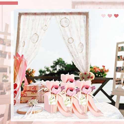 TaoBary 50 Pcs Bridal Shower Party Favor Boxes DIY Wedding Favors Candy Boxes with Ribbon and Flower Flower Party Favor Boxes for Engagement, Bridal Shower Party, Wedding Decorations (Pink)