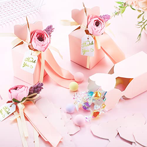 TaoBary 50 Pcs Bridal Shower Party Favor Boxes DIY Wedding Favors Candy Boxes with Ribbon and Flower Flower Party Favor Boxes for Engagement, Bridal Shower Party, Wedding Decorations (Pink)