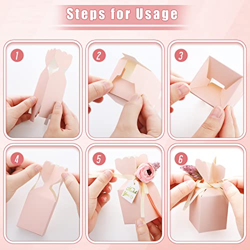 TaoBary 50 Pcs Bridal Shower Party Favor Boxes DIY Wedding Favors Candy Boxes with Ribbon and Flower Flower Party Favor Boxes for Engagement, Bridal Shower Party, Wedding Decorations (Pink)