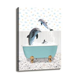 shzcjl funny bathroom wall art,dolphins in bathtub wall art,adorable dolphin bathroom canvas print artwork,for kids bathroom wall decor(12” x 16”)