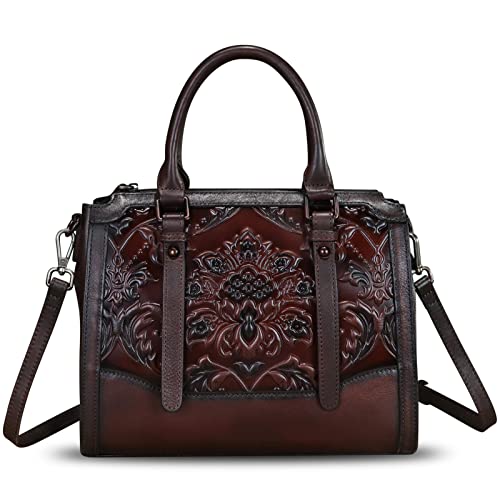 Genuine Leather Satchel for Women Embossed Leather Top Handle Bags Handmade Purse Vintage Crossbody Handbags Hobo Bag (Coffee)