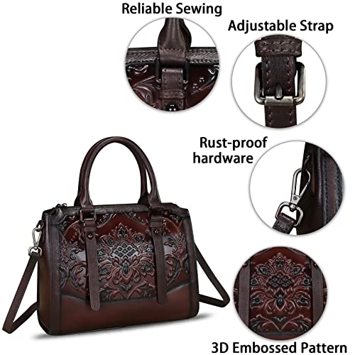 Genuine Leather Satchel for Women Embossed Leather Top Handle Bags Handmade Purse Vintage Crossbody Handbags Hobo Bag (Coffee)