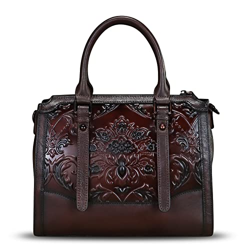 Genuine Leather Satchel for Women Embossed Leather Top Handle Bags Handmade Purse Vintage Crossbody Handbags Hobo Bag (Coffee)