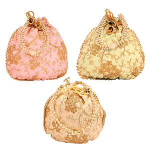 touchstone new indian hand embroidered floral shopping gifts jewelry wedding sweet distribution faux pearls strings drawstring pista cream pink fancy bag purse pouch set of 3 for women.