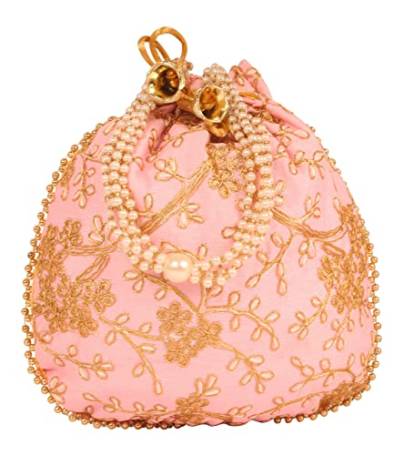 Touchstone NEW Indian Hand Embroidered Floral Shopping Gifts Jewelry Wedding Sweet Distribution Faux Pearls Strings Drawstring Pista Cream Pink Fancy Bag Purse Pouch Set Of 3 For Women.
