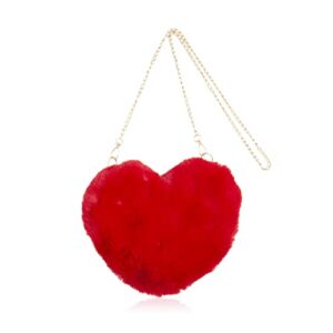 mini momo heart shape handbag cute girls purse – fluffy faux fur bag women crossbody, valentines day bow tie ribbon shoulder (fluffy heart chain bag – red)
