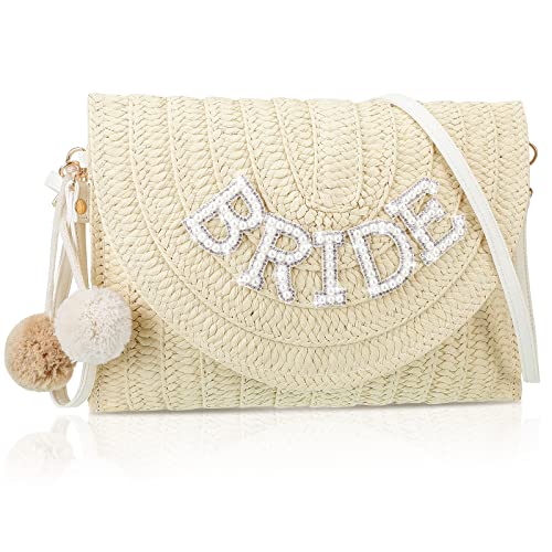 Bride Straw Shoulder Bag Woven Envelope Wallet Pearl Rhinestone Wedding Vacation Purse Honeymoon Bridal Shower Gift for Bride (Bride White Style)