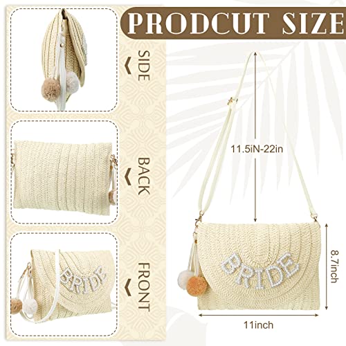 Bride Straw Shoulder Bag Woven Envelope Wallet Pearl Rhinestone Wedding Vacation Purse Honeymoon Bridal Shower Gift for Bride (Bride White Style)