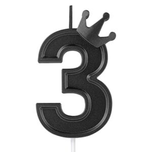 3inch birthday number candle, cake topper candle with crown black numeral cake candles birthday cake candle for birthday anniversary parties (number 3)