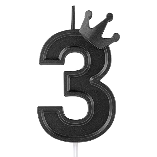 3inch Birthday Number Candle, Cake Topper Candle with Crown Black Numeral Cake Candles Birthday Cake Candle for Birthday Anniversary Parties (Number 3)