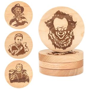 whaline 4pcs halloween wood coaster horror movie character wood round coasters halloween holiday cup mat for drinking glasses tabletop protection halloween home kitchen office decor