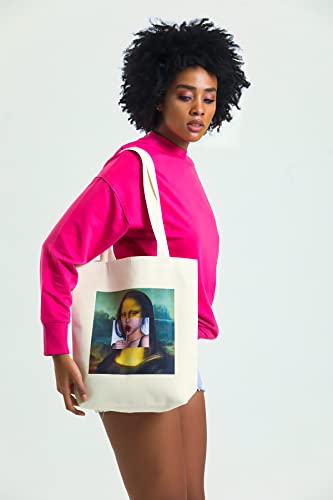 Monalisa Funny Design Printed Canvas Tote Bag Aesthetic Vintage Cute Women Girls Kids School Shoulder Bag, Beach Travel and Shoping Bag (Monalisa)